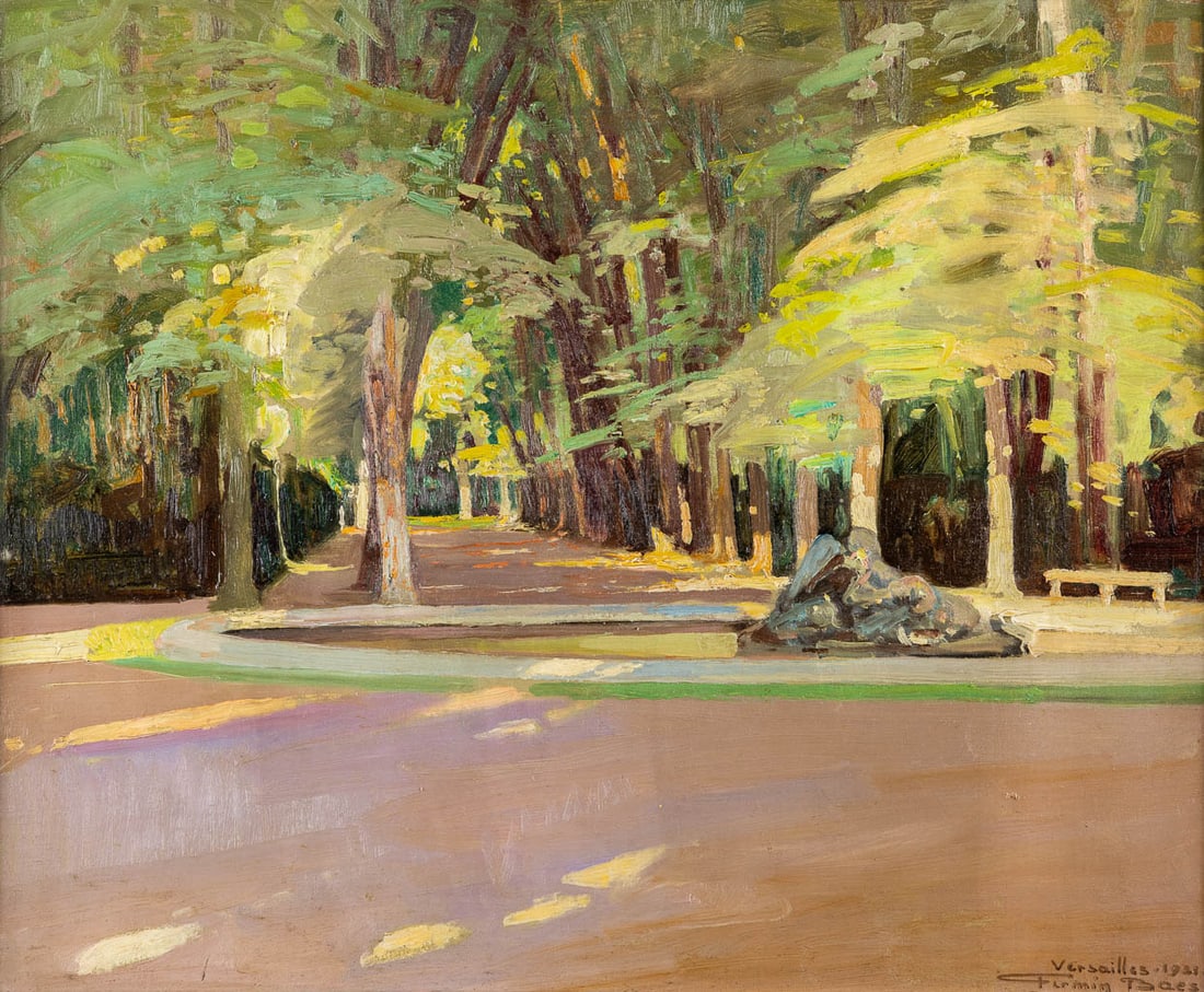 Firmin BAES (1874-1945) 'Parc De Versailles' (1931). (W:46 x H:38 cm): Firmin BAES (1874-1945) 'Parc De Versailles' (1931). Oil on board. Signed and dated lower right. Dutch Description: Firmin BAES (1874-1945) 'Parc De Versailles' (1931). Olie op board.