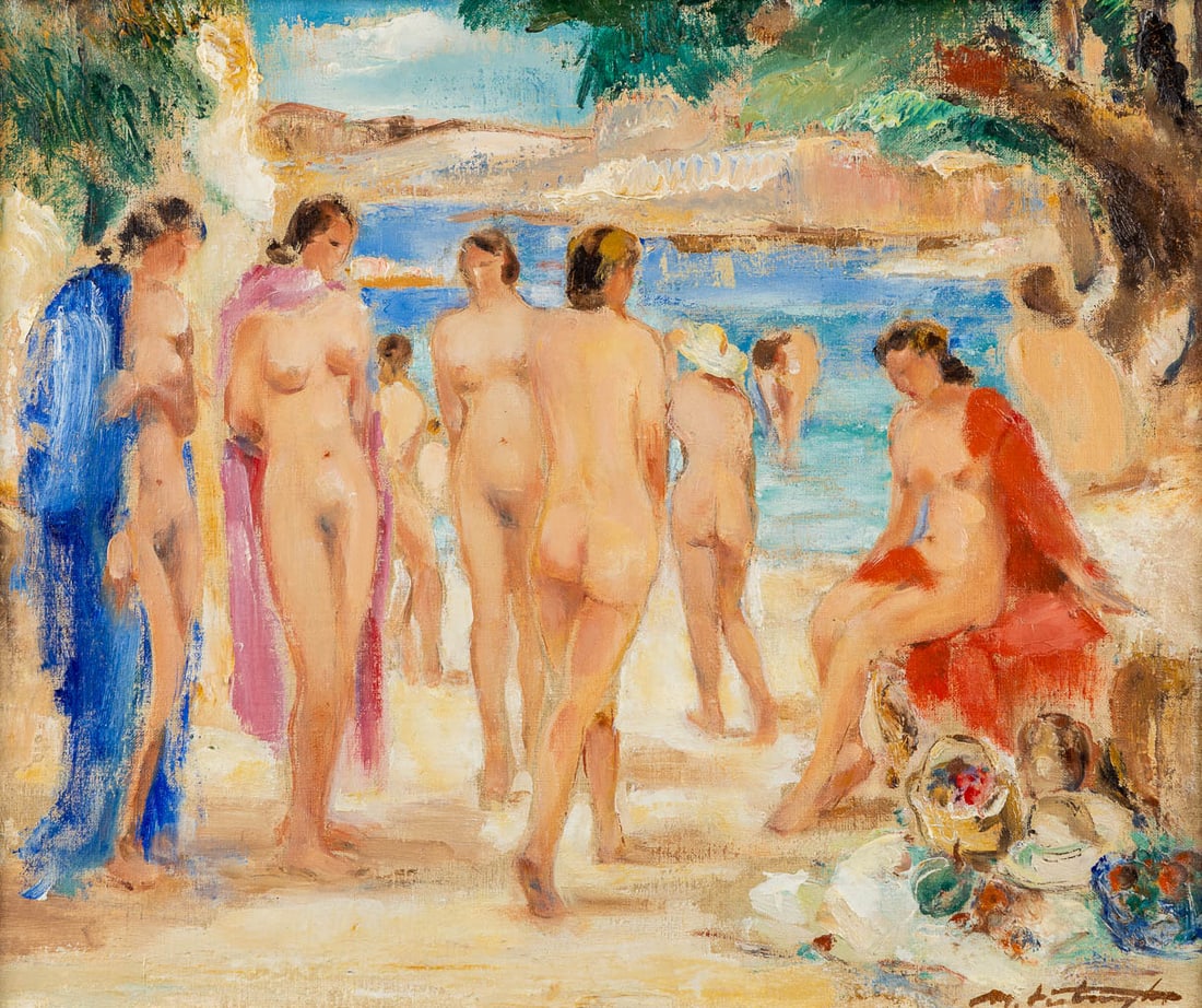 Médard VERBURGH (1886-c.1957) 'Dames Nudes à La Plage, Cote D'Or' (1910). (W:60 x H:50 cm): Médard VERBURGH (1886-c.1957) 'Dames Nudes à La Plage, Cote D'Or' Oil on canvas. Signed lower right. Titled on the reverse. Dated '10, for '1910'. Dutch Description: Médard