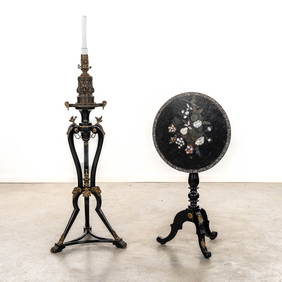 An antique oil lamp on a pedestal, a side table with mother of pearl inlay. Napoleon 3. (L:40 x W:40 (1 of 17)