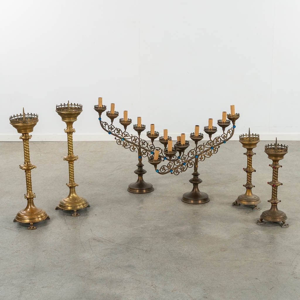 Three pair of Chruch Candlesticks and Candelabra, Brass with Cabochons. Circa 1900. (H:70 cm) (1 of 11)