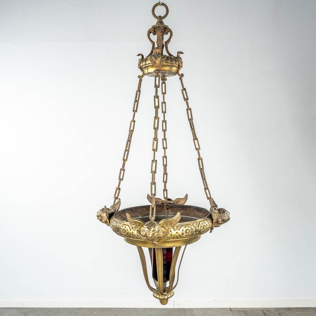 An antique and bronze eternal light, decorated with angels. 19th C. (H:115 x D:55 cm) (1 of 6)