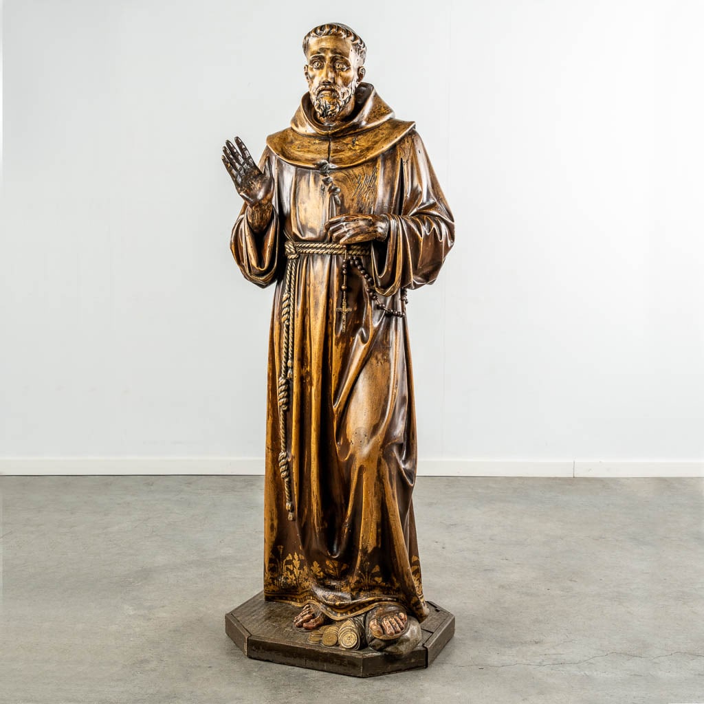 An antique wood-sculpture of Saint Francis of Assisi, 19th C. (L:45 x W:57 x H:158 cm) (1 of 13)