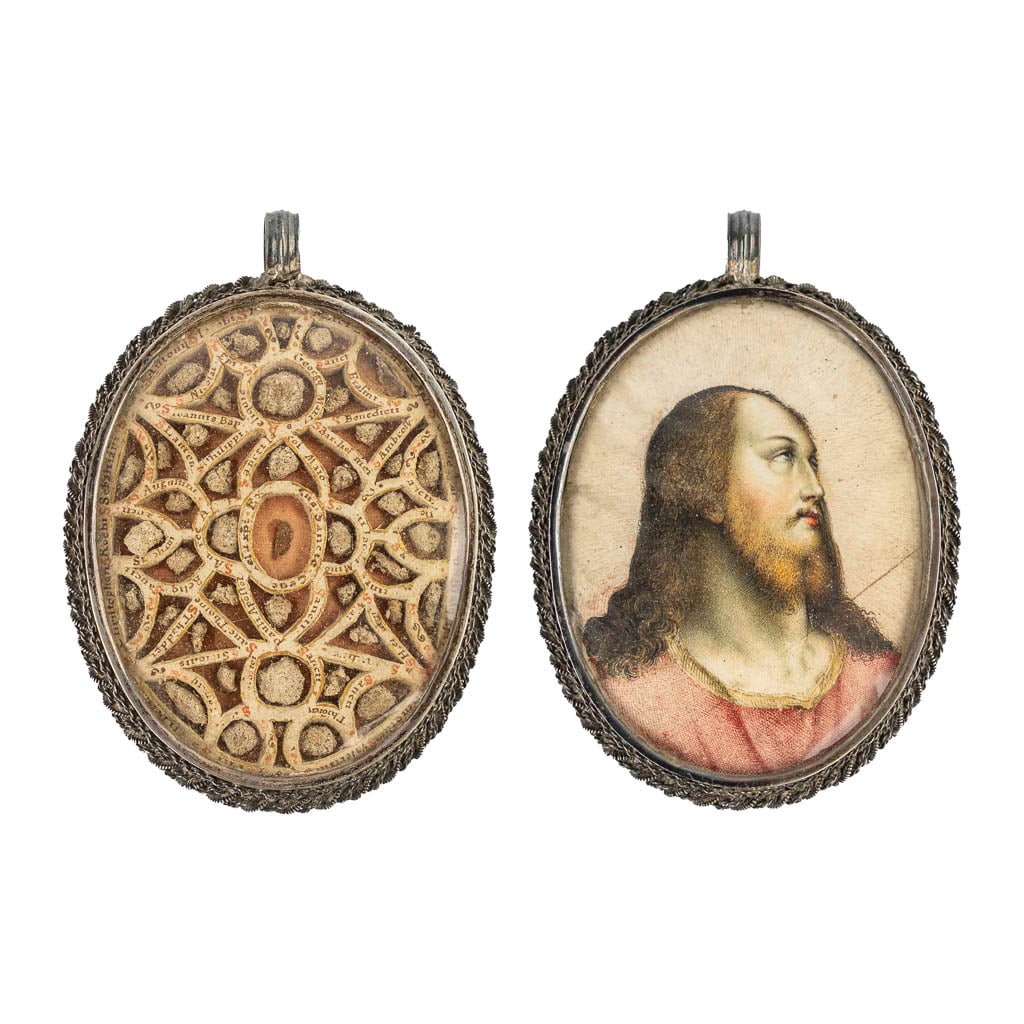 An exceptional reliquary pendant with painting of Christ, 43 relics for True Cross, Apostles and (1 of 5)