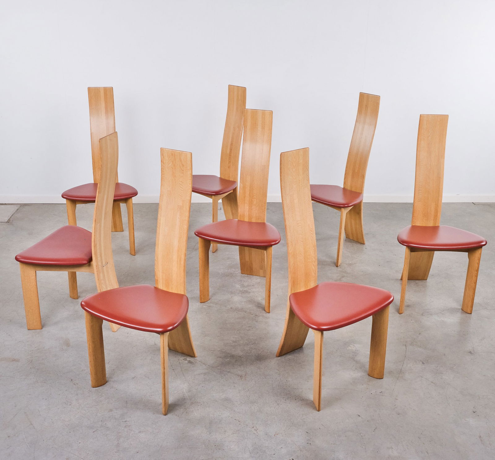 Bob Van Den Berghe (Xx) '8 Chairs' For Van Den Berghe - Pauvers.: Bob VAN DEN BERGHE (XX) '8 chairs' for Van Den Berghe - Pauvers., Light oak wih a red leather seat.¬†, Purchased at Van Den Berghe-Pauvers in 2001.¬†