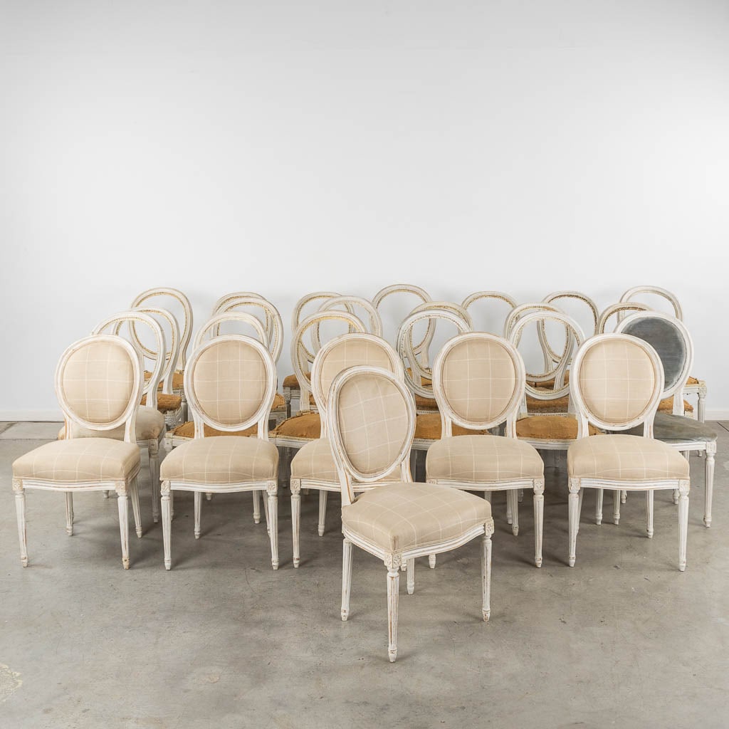 A large collection of Louis XVI style chairs, 25 pieces.: A large collection of Louis XVI-style chairs, 25 pieces., 6 chairs are finished, 19 chairs are not.¬†