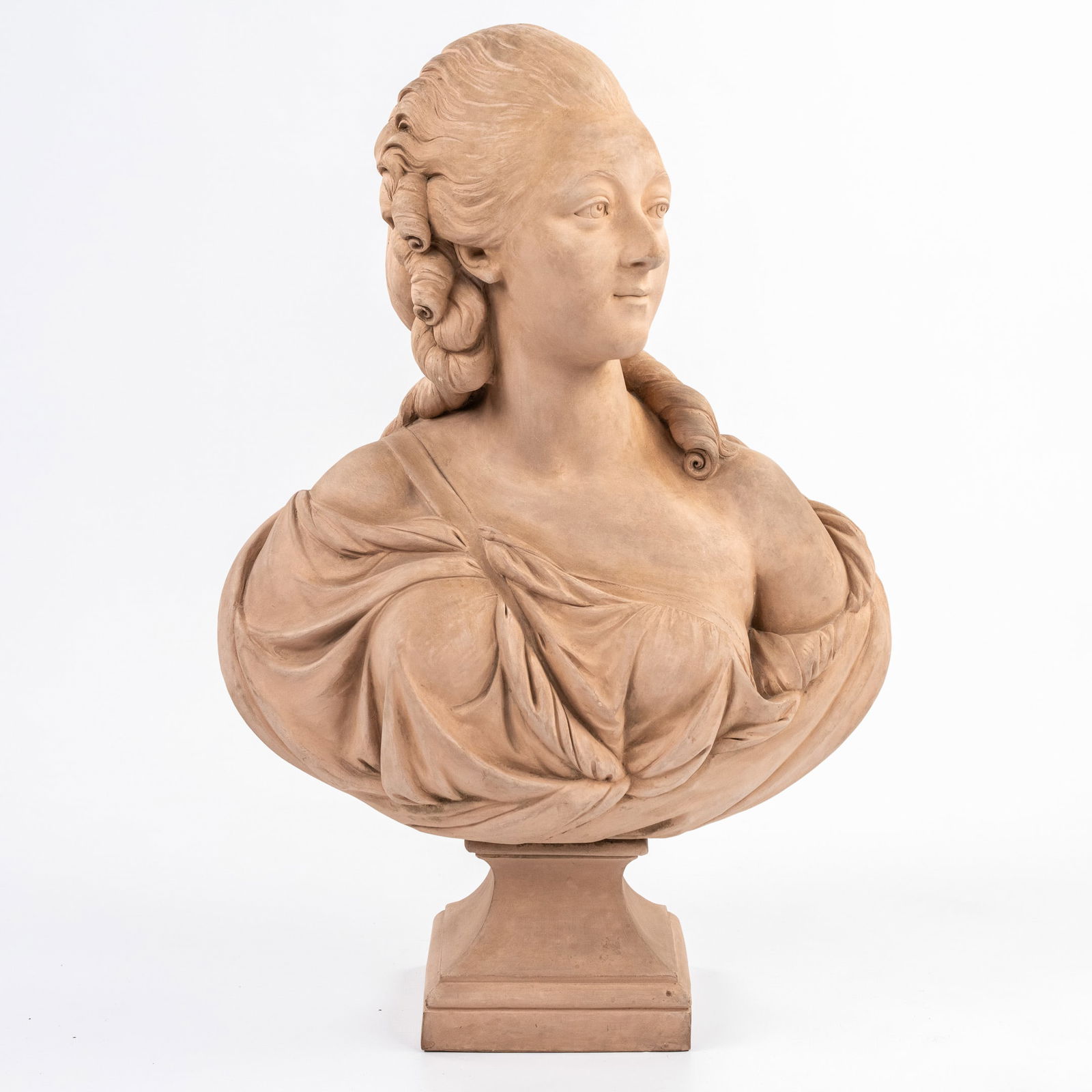 Follower of Augustin Pajou (1730-1809) 'Portrait Madame La Comtesse Du Bary', S?®vres,: A Sculpture 'Portrait Madame La Comtesse Dubary', S?®vres, Terracotta. , Marked on the reverse: 'Portrait of Madam the Count of Du Bary'.Marked S?®vres on the base.Terracotta. 