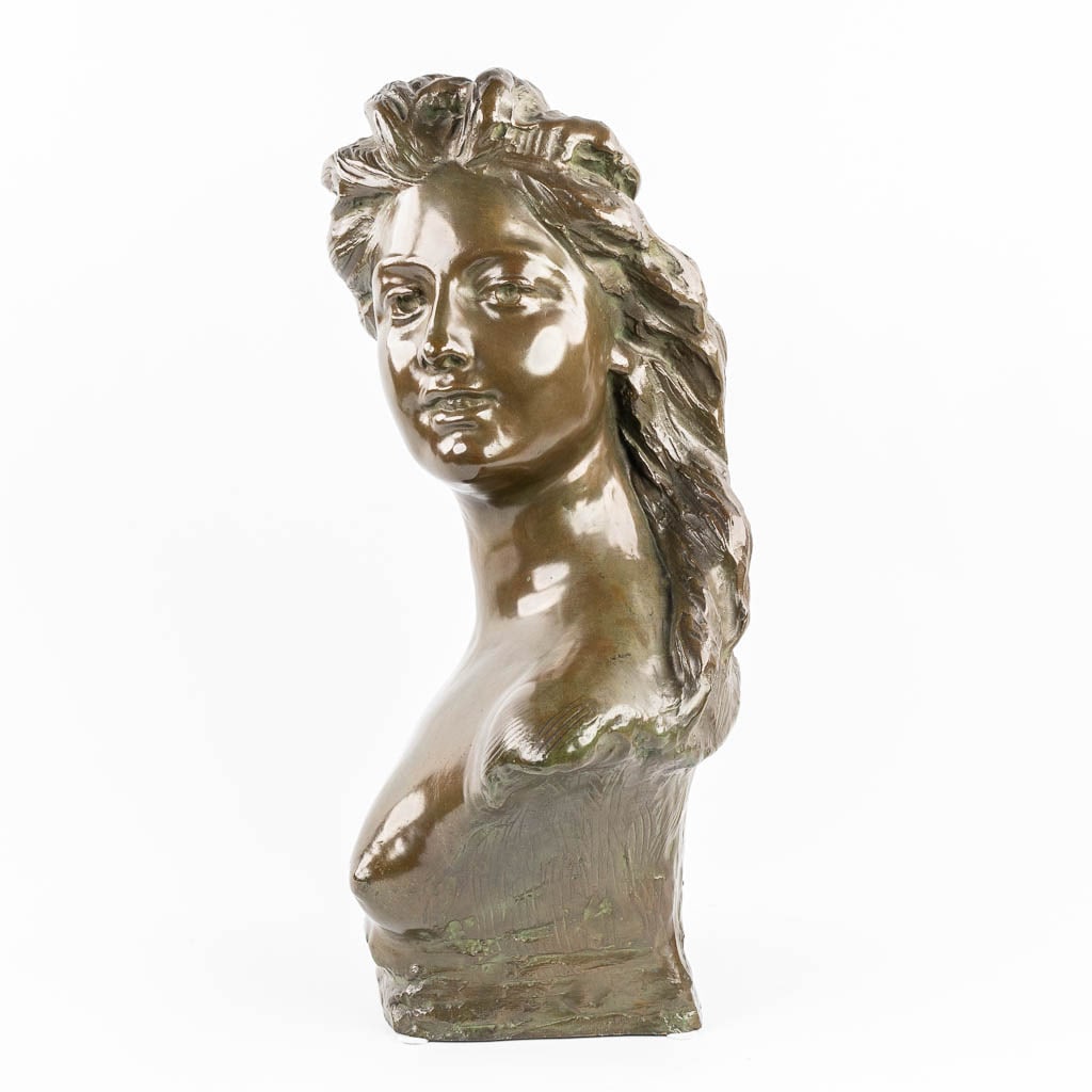 Jef Lambeaux (1852-1908) 'Bust Of A Lady'.: Jef LAMBEAUX (1852-1908) 'Buste of a lady'., Patinated bronze. , Signed. , Marked Fonderie Nationalle des Bronzes J. Petermann, Saint Gilles, Bruxelles. 