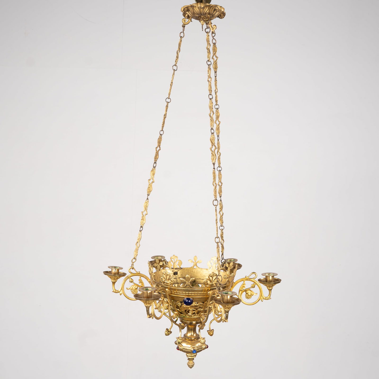 An antique Church Chandelier, Bronze mounted with cabochons. Gothic Revival. 19th C. (1 of 5)
