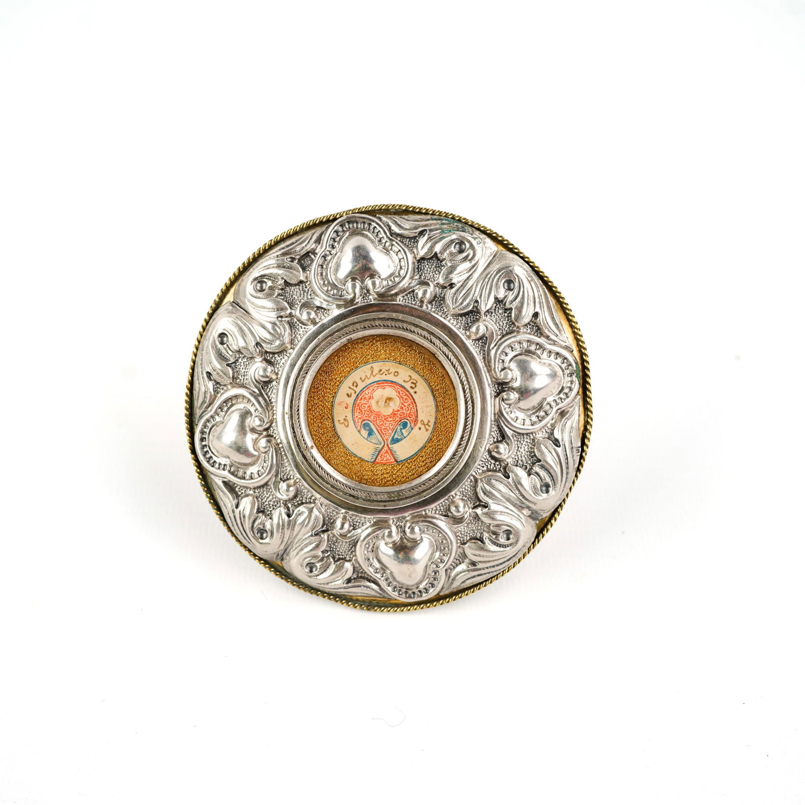 A sealed theca with a relic ''De Sepulchro B.M.V.', in a silver and brass reliquary holder. (1 of 6)