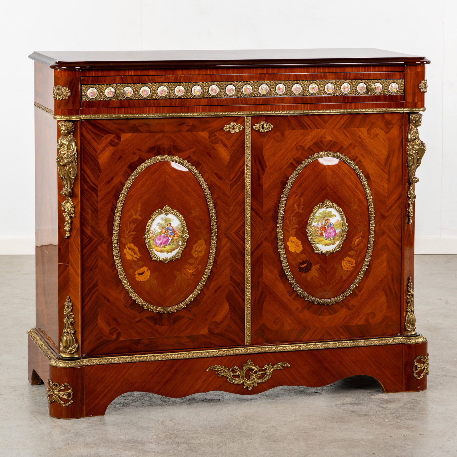 A Dresser, finished with Parquetery, Bronze and Porcelain Plaques, 20th C. (1 of 11)