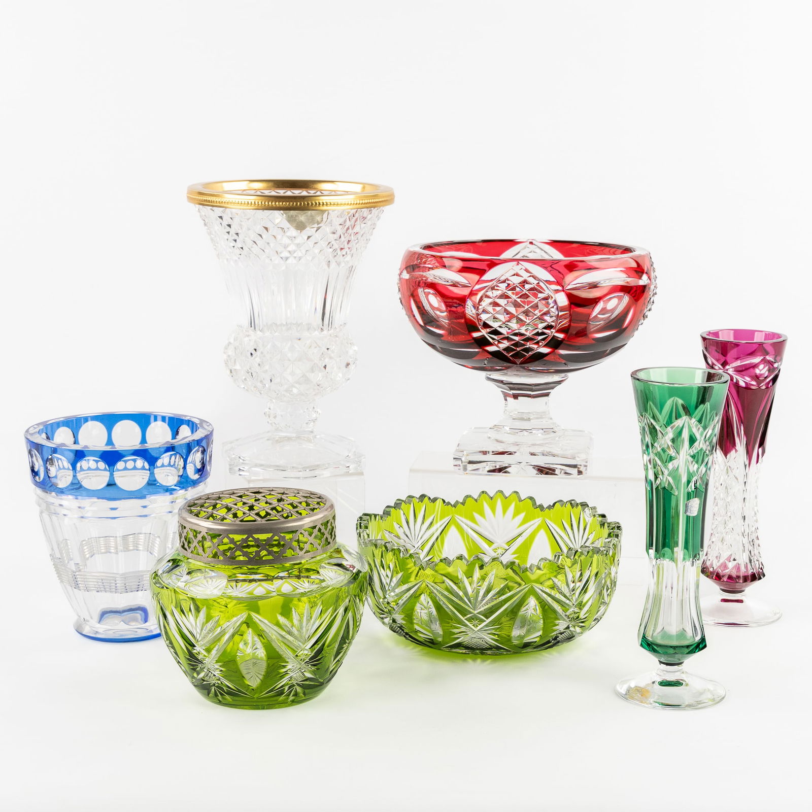 Val Saint Lambert, A Collection of 5 Vases and 2 Bowls, Cut and Colored Crystal. (1 of 14)