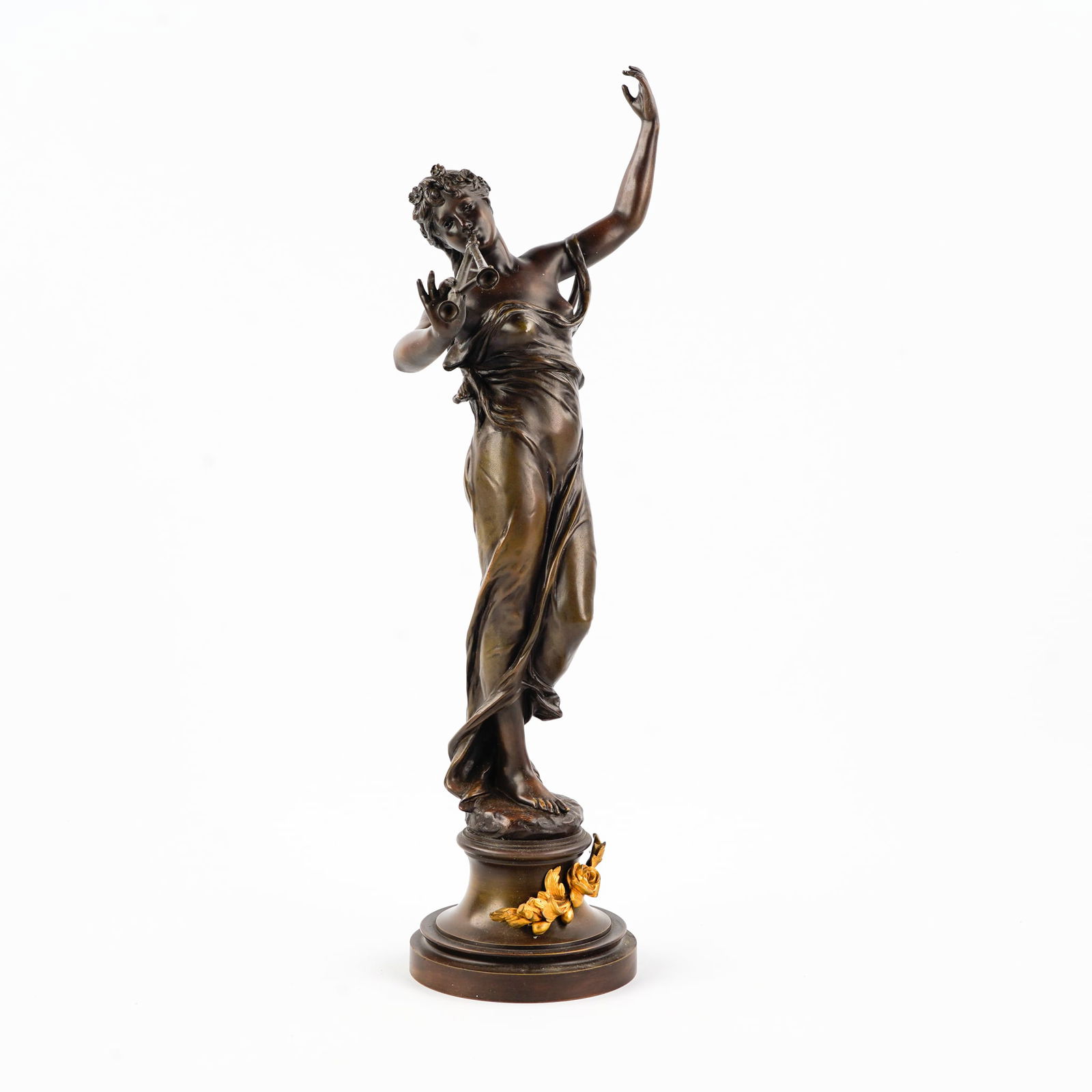 Eugène Marioton (1854-1933) 'Woman Playing the Flute': Eugène Marioton (1854-1933) 'Woman Playing the Flute' Patinated bronze. Signed Eug. Marioton