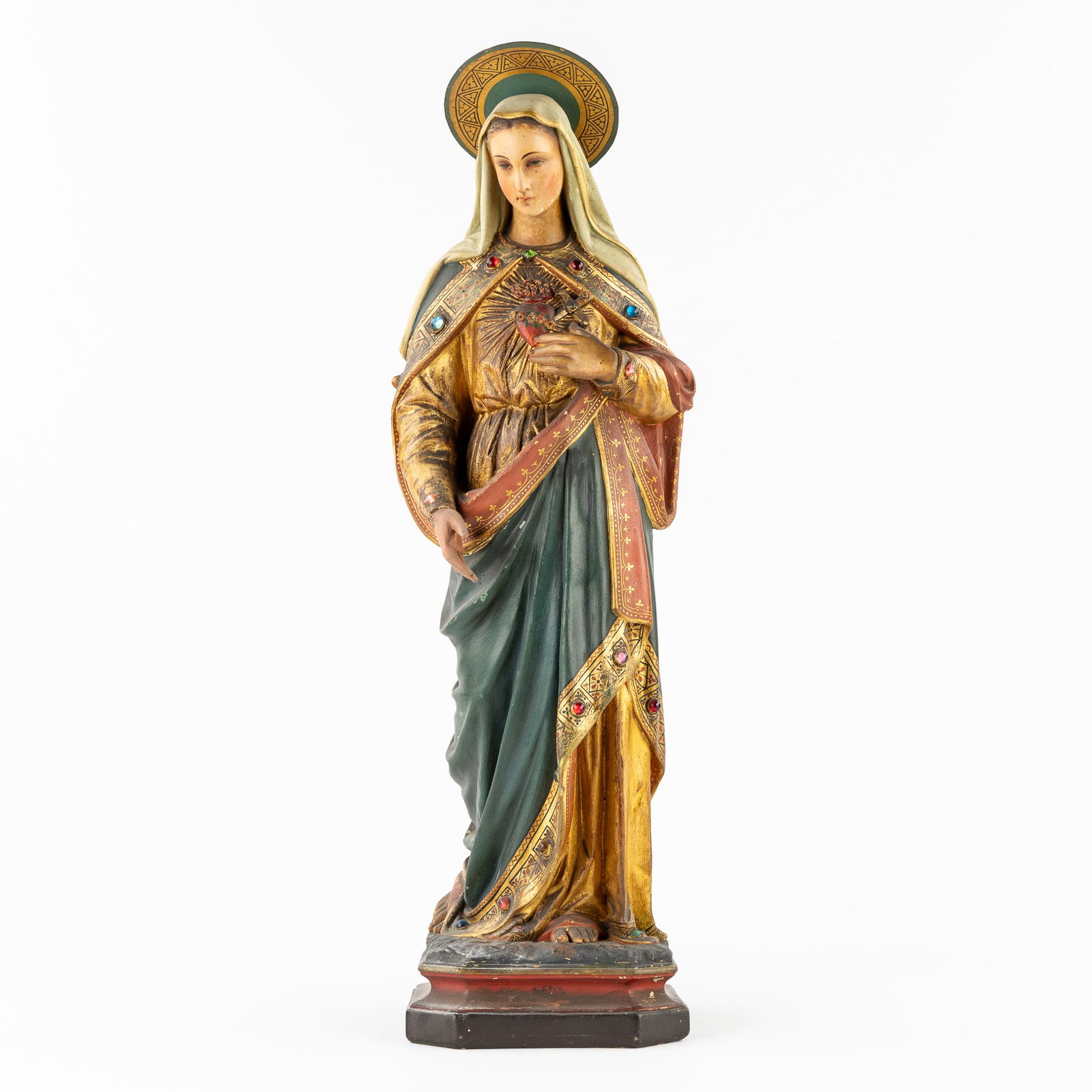 Mary Immaculate Conception, Patinated Plaster Statue, finished with Cabochons. Gothic Revival. (1 of 10)