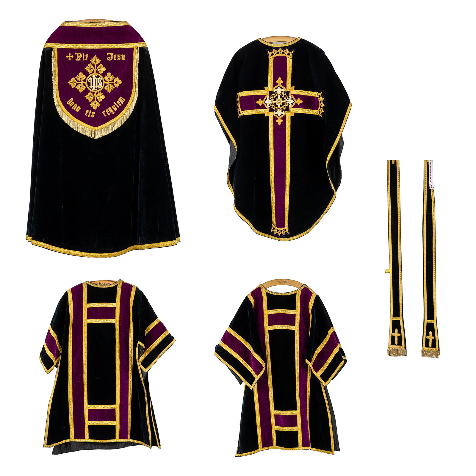 A Set of a Cope, a Chasuble and a pair of Dalmatics, Thick Gold Threat Embroideries.: A Set of a Cope, a Chasuble and a pair of Dalmatics, Thick Gold Threat Embroideries. 1 Cope, finished with gold threat embroideries IHS logo and 'Pie Jesu Dona Eis Requiem'. 1 Chasuble, finished with 
