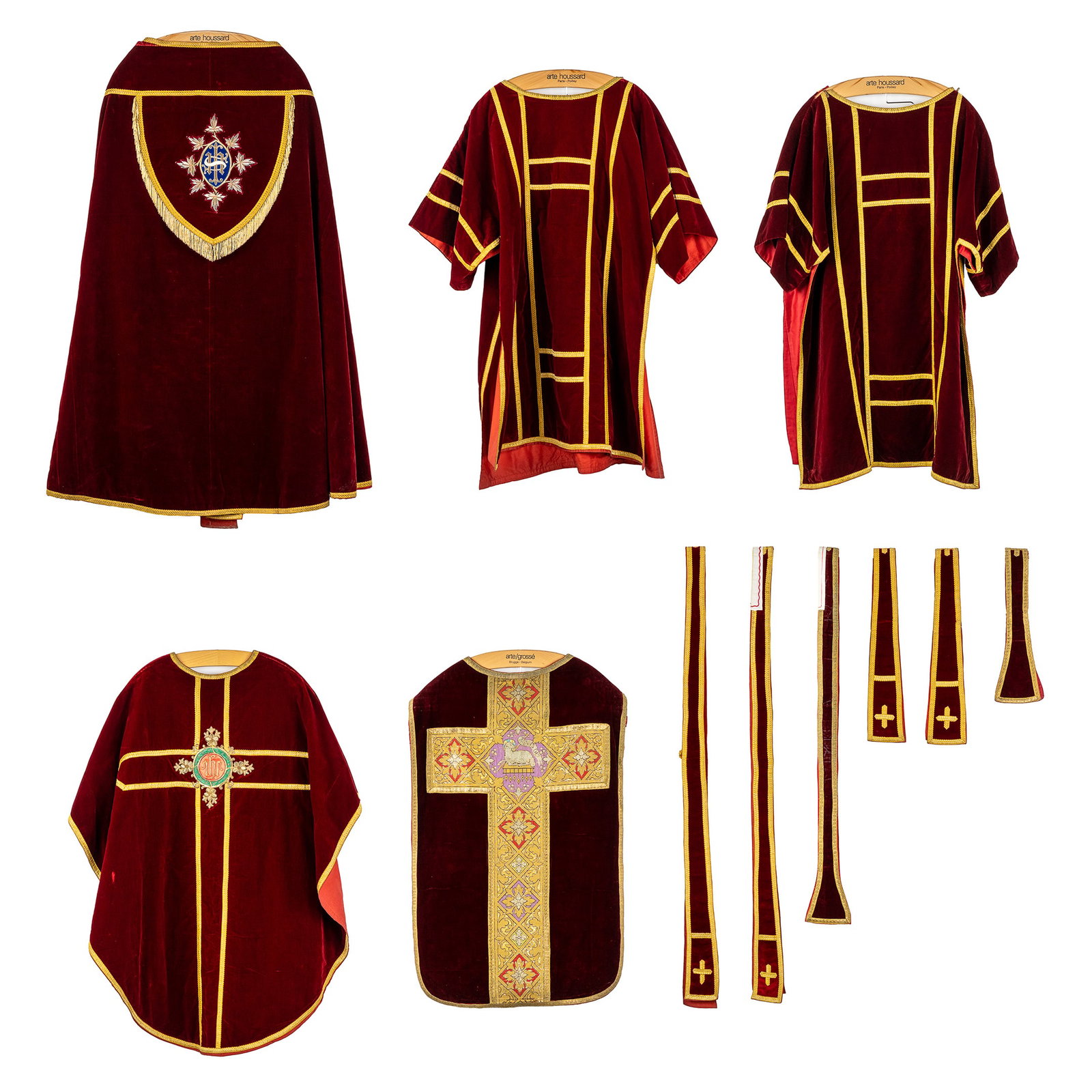 A Set of a Cope, two Dalmatics, a Chasuble and a Roman Chasuble. Gold Threat Embroideries.: A Set of a Cope, two Dalmatics, a Chasuble and a Roman Chasuble. Gold Threat Embroideries. Cope and chasuble with IHS logo, gold threat embroideries Matching Roman chasuble with Agnus Dei, embroiderie