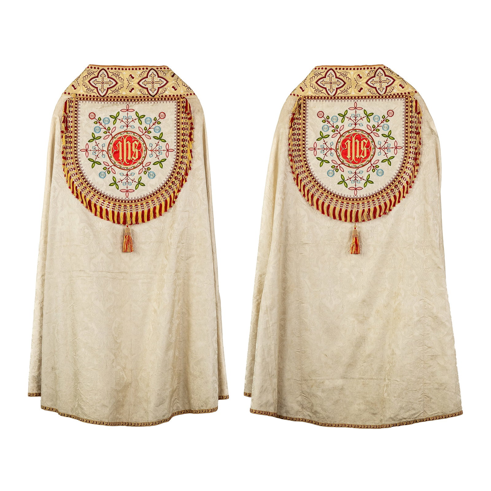A Pair of Copes, Embroideries with Floral Decors, finished with IHS logo.: A Pair of Copes, Embroideries with Floral Decors, finished with IHS logo.