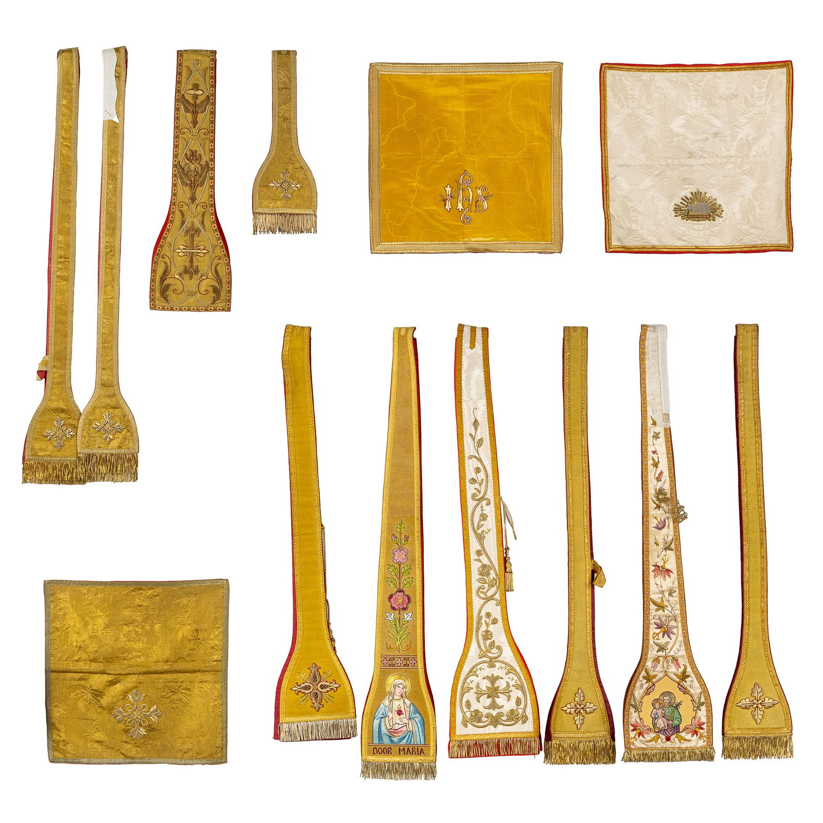 A Collection of Chalice Veils, Maniples and Stola, Thick Goldthreat Brocade and Embroideries.: A Collection of Chalice Veils, Maniples and Stola, Thick Goldthreat Brocade and Embroideries. 7 stola. 3 maniples. 3 chalice veils. Embroideries with Jesus Christ and Mary, Crowned Mary with Child, Jo