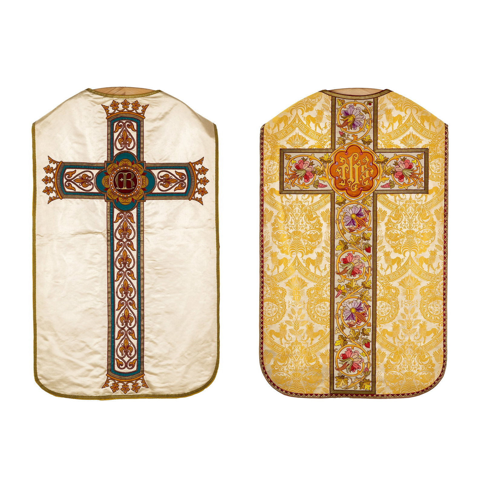 Two Roman Chasubles, Floral Embroideries.: Two Roman Chasubles, Floral Embroideries. Embroideries with floral decors. Of which one finished with thick gold threat embroidery logo and one finished with IHS logo.