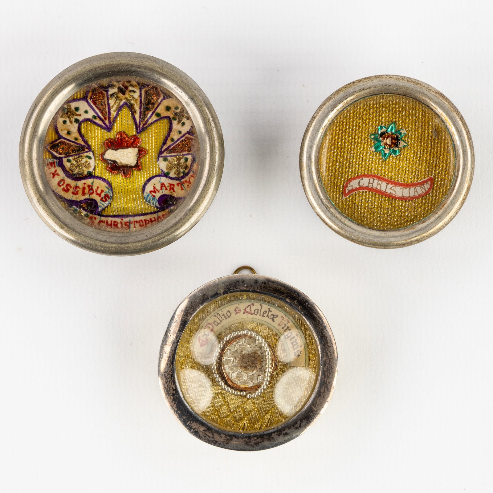 Three sealed theca with relics for Saint Christina, Colette and Christopher. Including COA.: Three sealed theca with relics for Saint Christina, Colette and Christopher. Including COA.