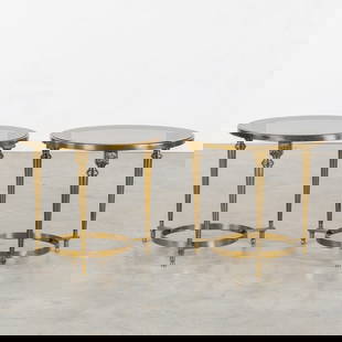 A Pair of Round Coffee Tables or Side Tables, Brass and Tiinted Glass. In the style of Maison: A Pair of Round Coffee Tables or Side Tables, Brass and Tinted Glass. In the style of Maison Janssen. Dimensions:(W:52 x H:46 cm)