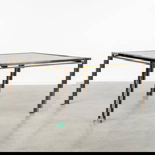 Belgo Chrome, A Square Table. Chromed and Gilded Metal and Glass.: Belgo Chrome, A Square Table. Chromed and Gilded Metal and Glass. Chromed and gilded metal. Tinted glass.Belgo Chrome / Dewulf Selection Dimensions:(W:134,5 x H:73 x L:134,5 cm)