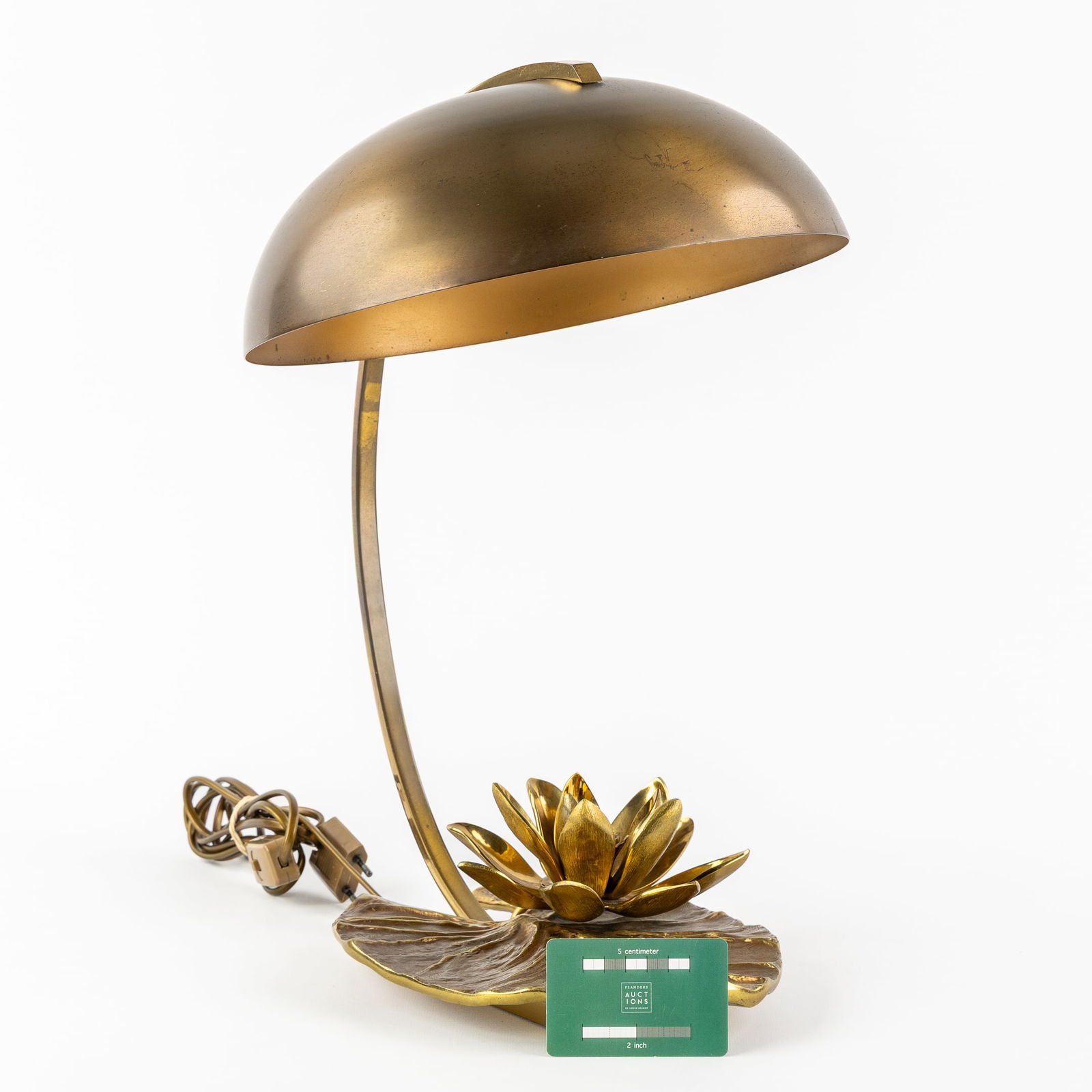 Chrystiane Charles (1927-2013) 'Nenuphar Coupele/ Water Lilly Cup', for Maison Charles. Circa 1960: Chrystiane Charles (1927-2013) 'Nenuphar Coupele/ Water Lilly Cup', for Maison Charles. Circa 1960 A table lamp. Gilded bronze and brass.Signed 'C. Charles' on the bottom.Marked 'Cha