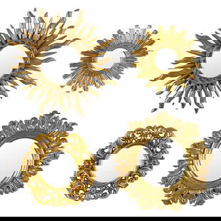 A Collection of Four Sunburst Mirrors, Sculptured and Gilded Wood, Convex Mirrors.: A Collection of Four Sunburst Mirrors, Sculptured and Gilded Wood, Convex Mirrors. D: 25 cm / D: 28 cm / D: 37 cm / D: 42 cm Dimensions:(W:42 x L:3,5 cm)