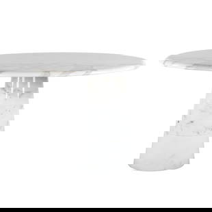 A Round Marble Dining Table, in the style of Angelo Mangiarotti (1921-2012).: A Round Marble Dining Table, in the style of Angelo Mangiarotti (1921-2012). Calacatta marble.The base is made of 3 solid pieces of marble that fit together.In the style of Angelo Mangiarotti.Not