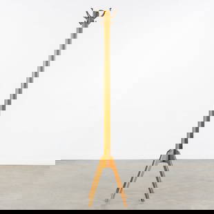 A Mid-Century Coat Rack, Wood and Brass, Circa 1950.: A Mid-Century Coat Rack, Wood and Brass, Circa 1950. Dimensions:(W:40 x H:183 x L:40 cm)