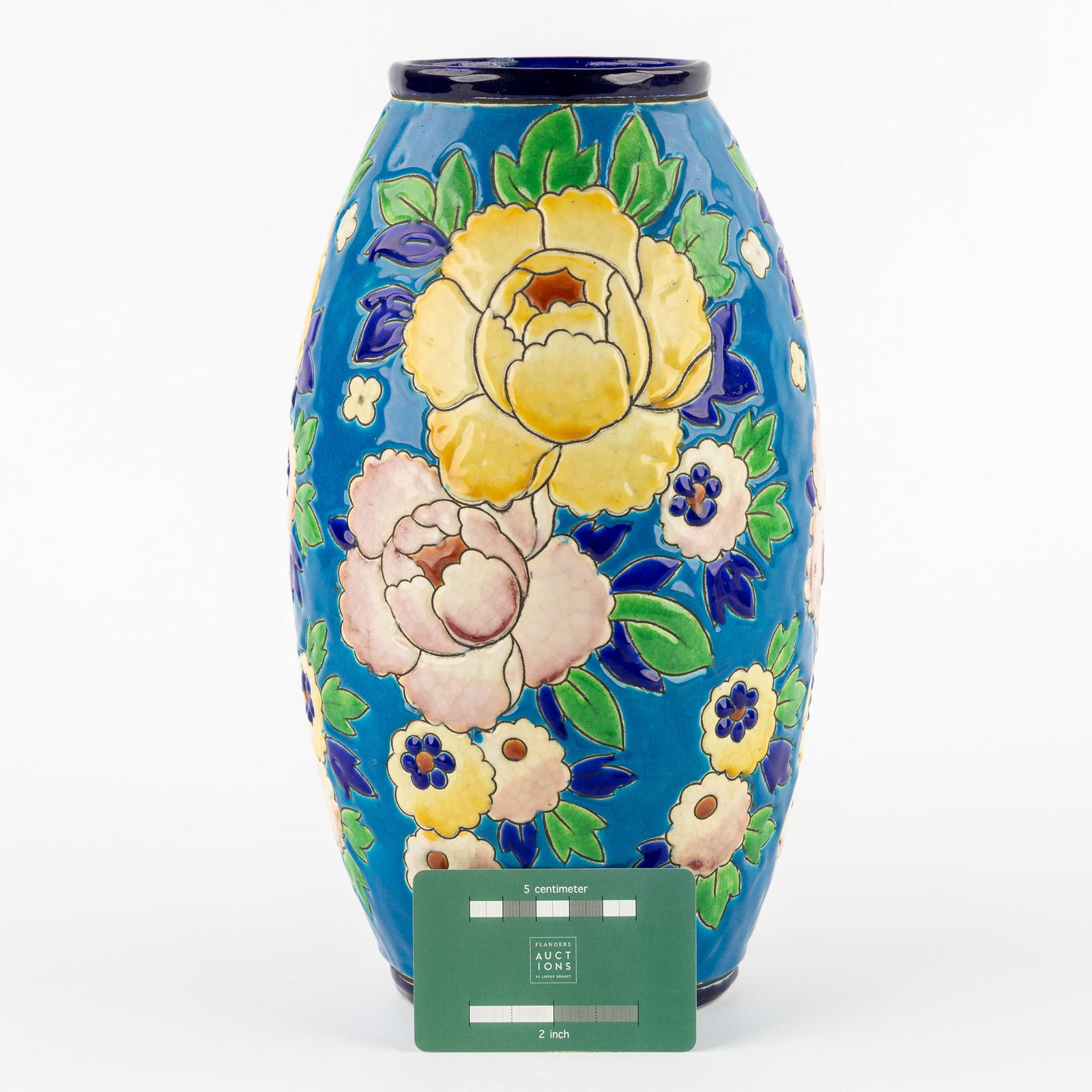 Charles Catteau (1880-1966) 'Vase' for Boch Keramis.: Charles Catteau (1880-1966) 'Vase' for Boch Keramis. Multicoloured decor with peonies.Decor 1651. Model 895.Signed Boch Keramis. Dimensions:(W:16 x H:29,5 cm)