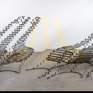 Three decorative garden chairs, metal in the style of André Dubreuil.: Three decorative garden chairs, metal in the style of André Dubreuil. Dimensions:(W:73 x H:127 x L:115 cm)