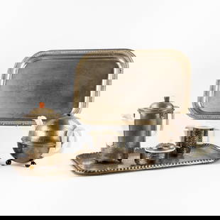 WMF, A Coffee and Tea Set, Hammered Metal with Porcelain Interior. Art Deco.: WMF, A Coffee and Tea Set, Hammered Metal with Porcelain Interior. Art Deco. Marked 'WMF' on the bottom and provided with a capacity measure: