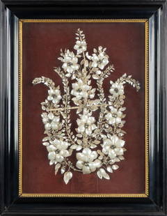 A Frame with Floral Decoration of Mother of Pearl, Nautilus shell.: A Frame with Floral Decoration of Mother of Pearl, Nautilus shell. Mother of pearl and metal.Cebuano mother of pearl art, Southern Philippines. Dimensions:(W:63 x H:81 x L:10 cm)