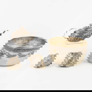 A Collection of Cambodian Silver, A Teapot, Bowl, Shell and Box in the shape of a Quail. Silver,: A Collection of Cambodian Silver, A Teapot, Bowl, Shell and Box in the shape of a Quail. Silver. Teapot, decorated with floral tendrils, grade marked T90% (H: 10,5 cm)Bowl, decorated with garlands,