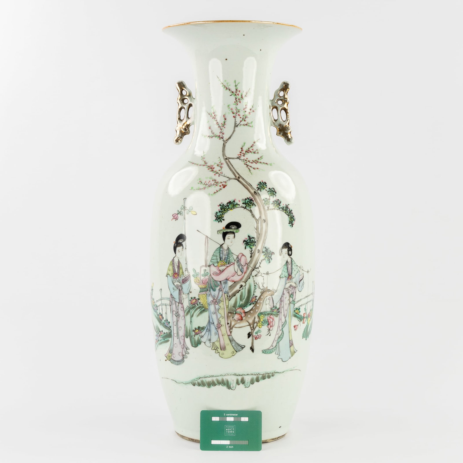 A Chinese Famille Rose Vase, decorated with Noble Ladies and a Deer in the Garden.: A Chinese Famille Rose Vase, decorated with Noble Ladies and a Deer in the Garden. Chinese porcelain.Famille rose.Decorated with Noble Ladies and a Deer in the Garden, and calligraphy.