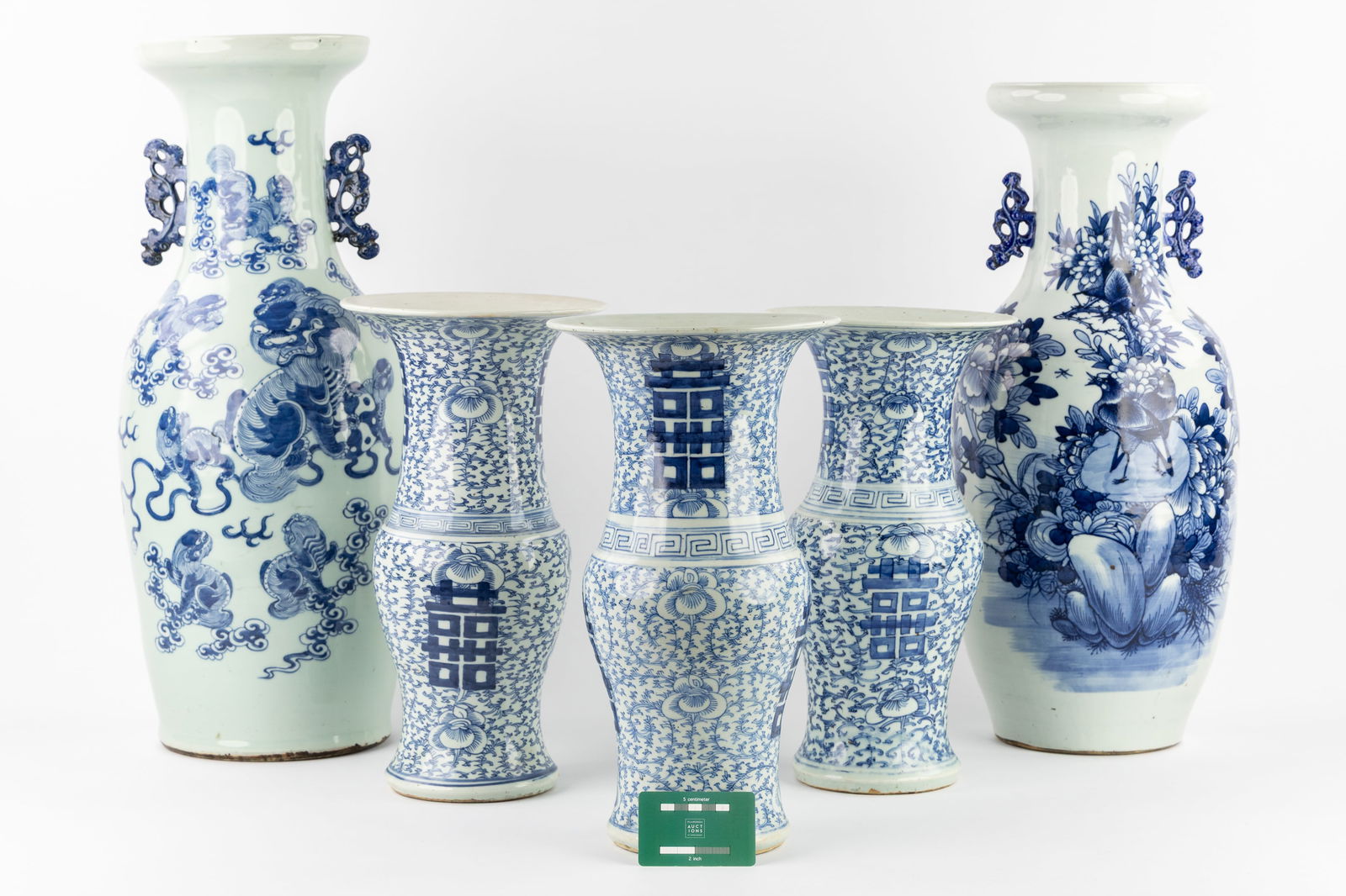 A Collection of two Chinese Celadon Vases and three Yen-Yen Vases, with Blue and White decors. (1 of 12)