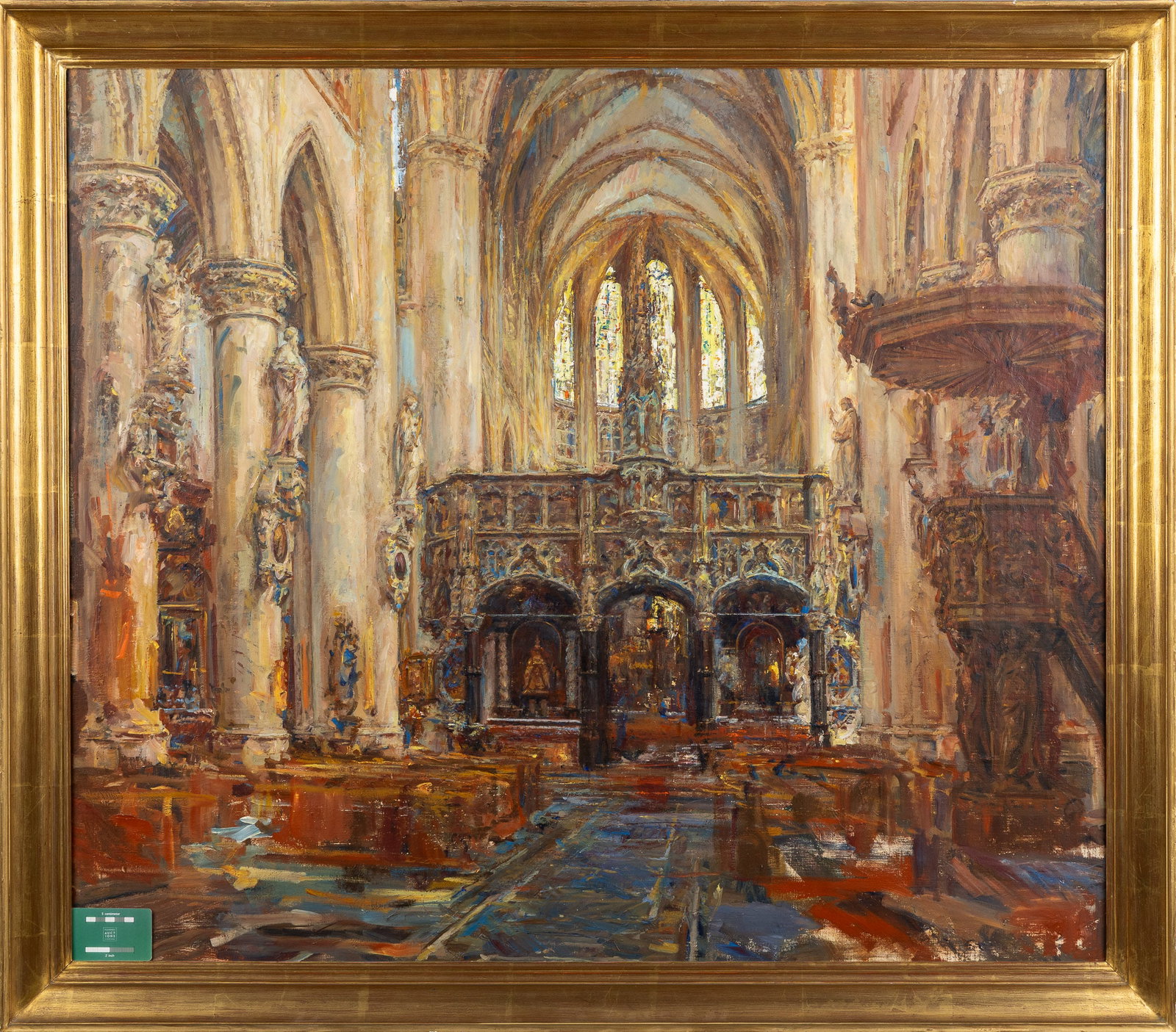 Frans Ros (1883-1968) 'Interior of the Saint Gummarus Church in Lier', oil on canvas.: Frans Ros (1883-1968) 'Interior of the Saint Gummarus Church in Lier', oil on canvas. Oil on canvas.Not signed. (107 x 122 cm) Dimensions:(W:112 x H:96 cm)