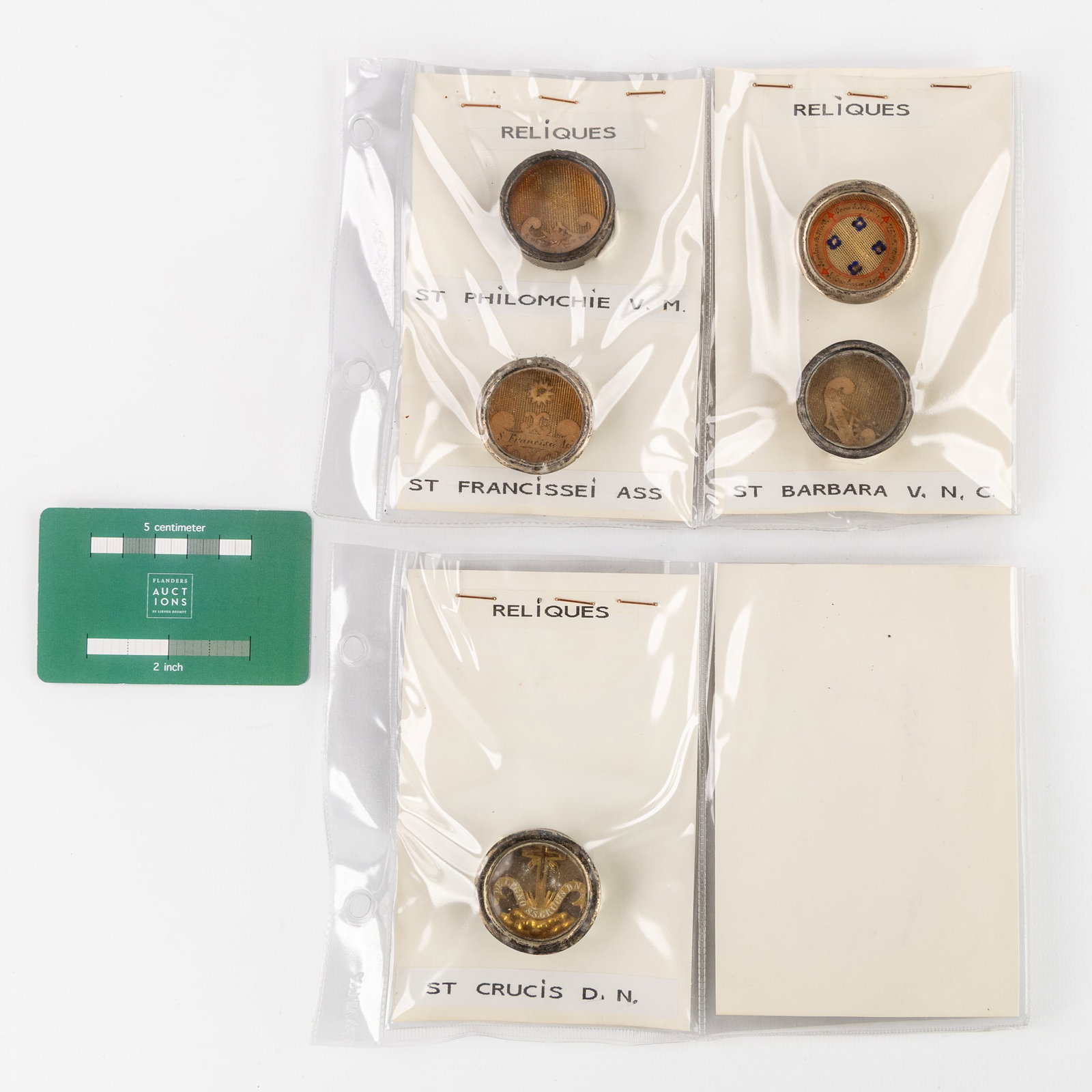 Five Sealed Theca with Relics, De Ligno Crucis, Francisci Ass, Philomenae, Barbara and a Multitheca: Five Sealed Theca with Relics, De Ligno Crucis, Francisci Ass, Philomenae, Barbara and a Multitheca 1. De Lingo S.S. Crucis D.N.J.C. from the True Cross of D.N.J.C. 2. S. Barbara V.M. Saint Barbara Vi