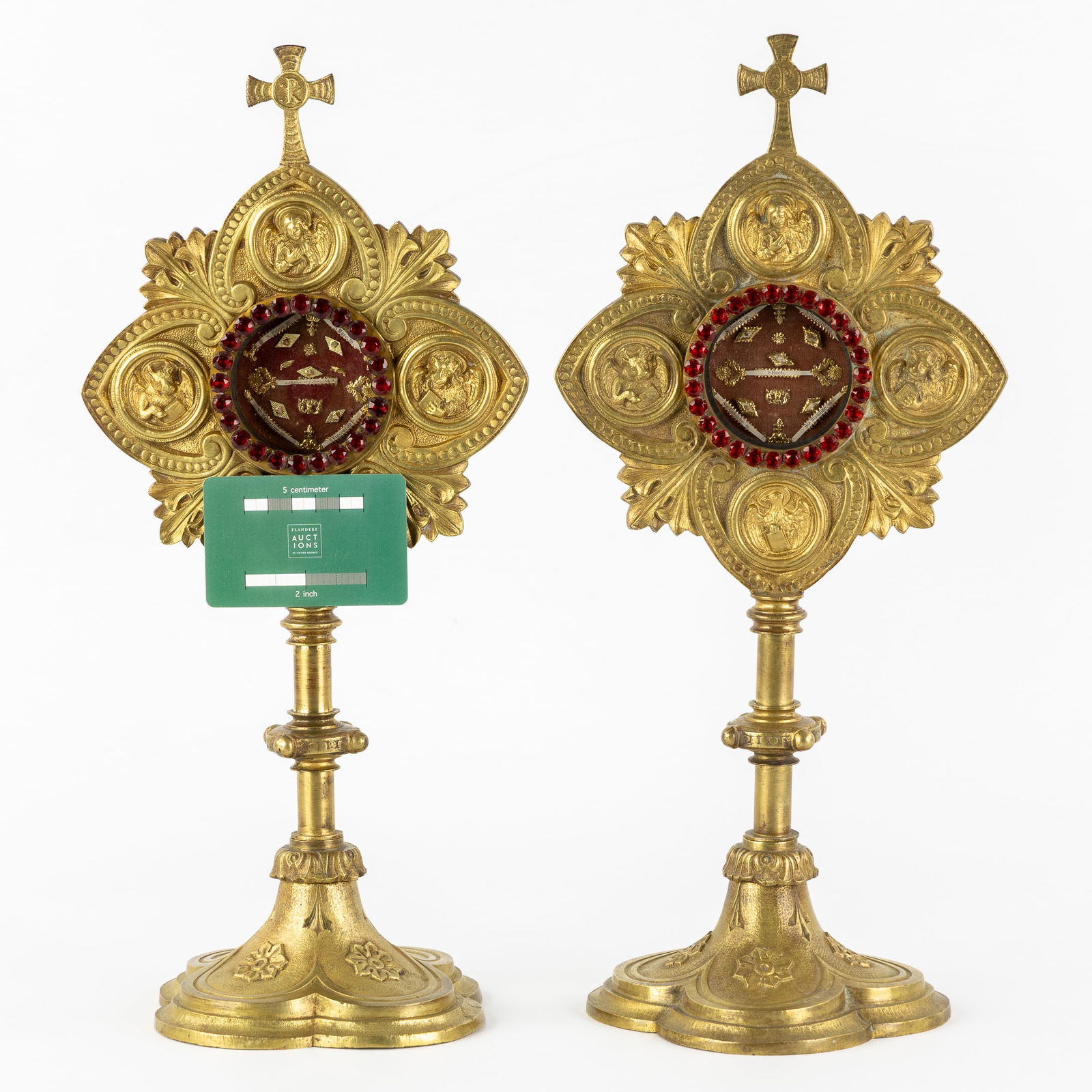 A Pair of Reliquaries with Multi Theca, Gilded Bronze and Faceted Glass. Gothic Revival Style. (1 of 9)