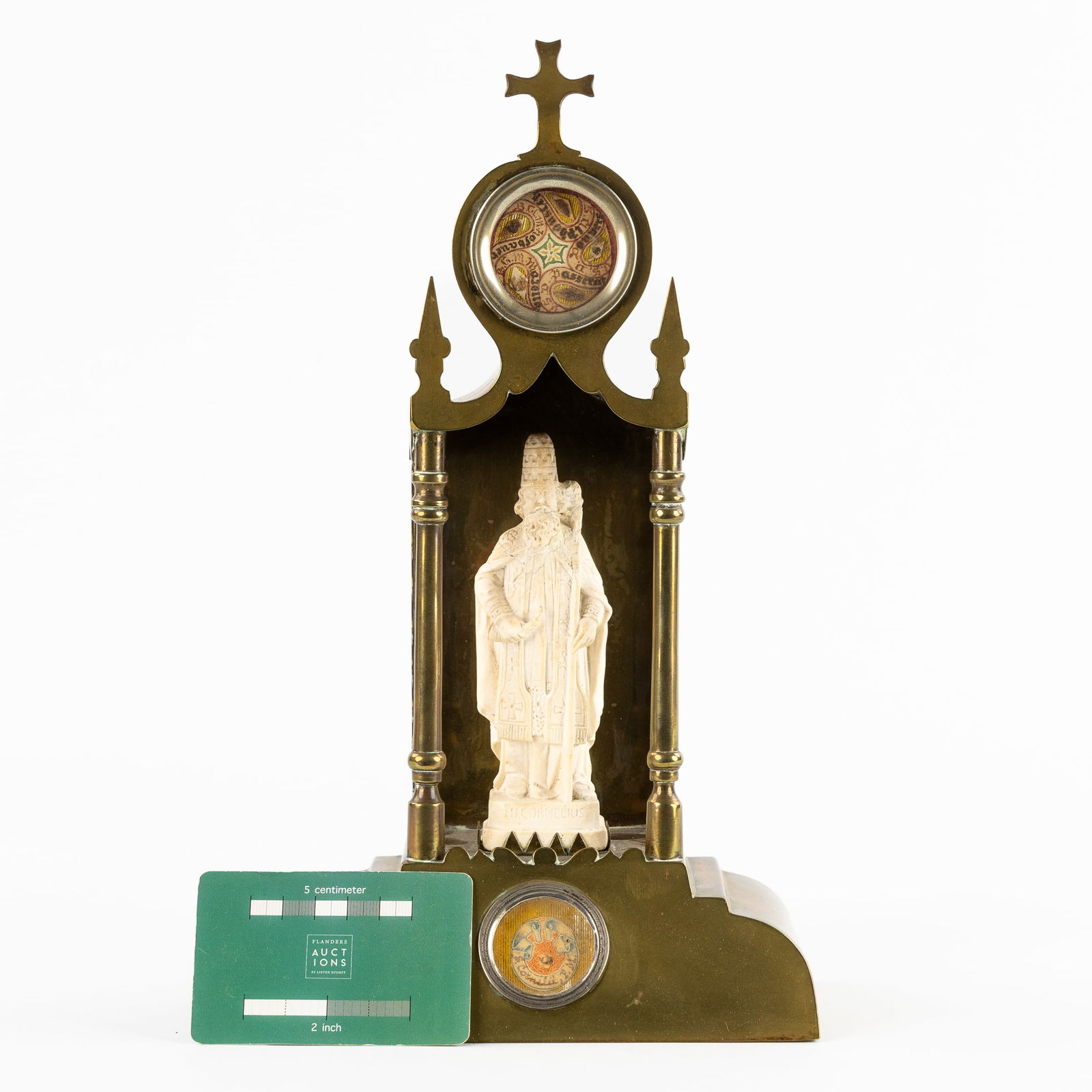 A reliquary shrine with an image of Saint Cornelius in Meerschaum, two sealed theca with relics and (1 of 8)