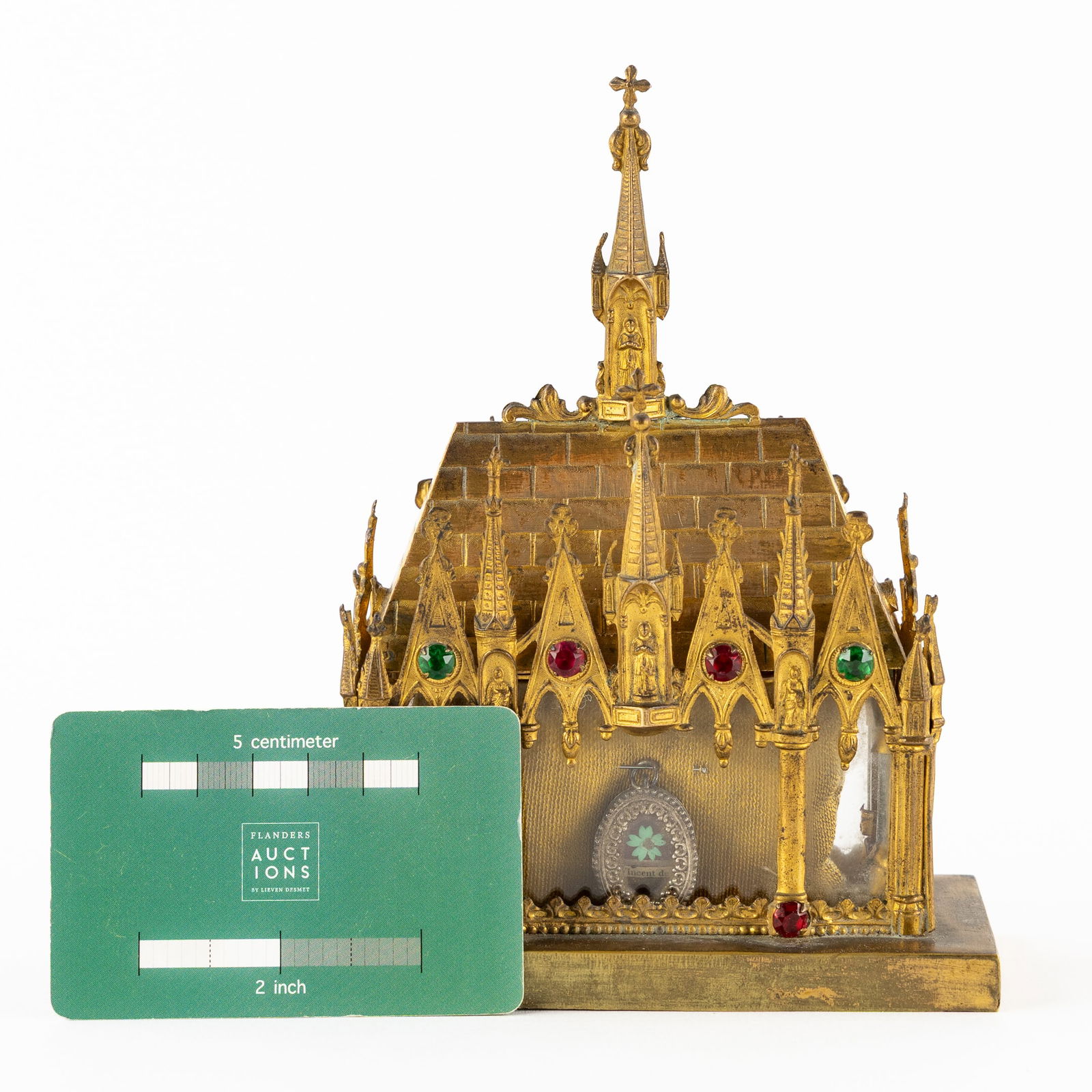 A Brass Reliquary Shrine with a Relic for Saint Vincent de Paul. Gothic Revival style. (1 of 6)