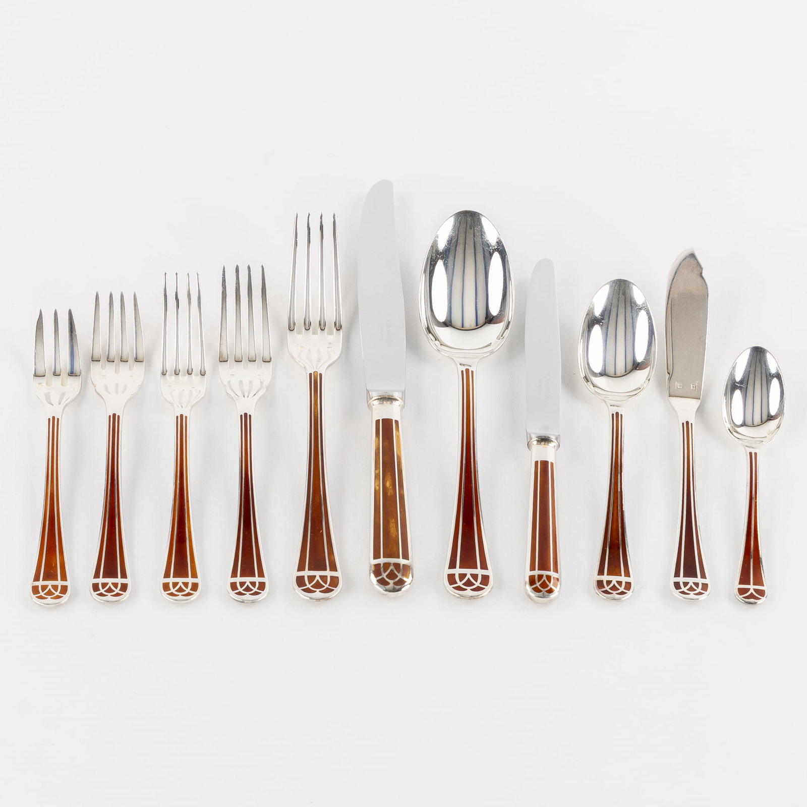 Christofle, Talisman Tangerine, A 162-piece Cutlery Set, Silver-plated Metal and Lacquer, Art Deco: Christofle, Talisman Tangerine, A 162-piece Cutlery Set, Silver-plated Metal and Lacquer, Art Deco style. Silver-plated metal and finished with lacquer.Model Talisman, color Tangerine.Designed by Be