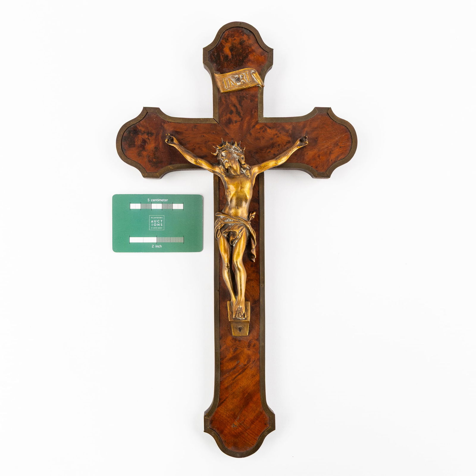 A Crucifix with Burl Walnut Veneer, mounted with Bronze Corpus Christi, signed Hardy. (1 of 5)