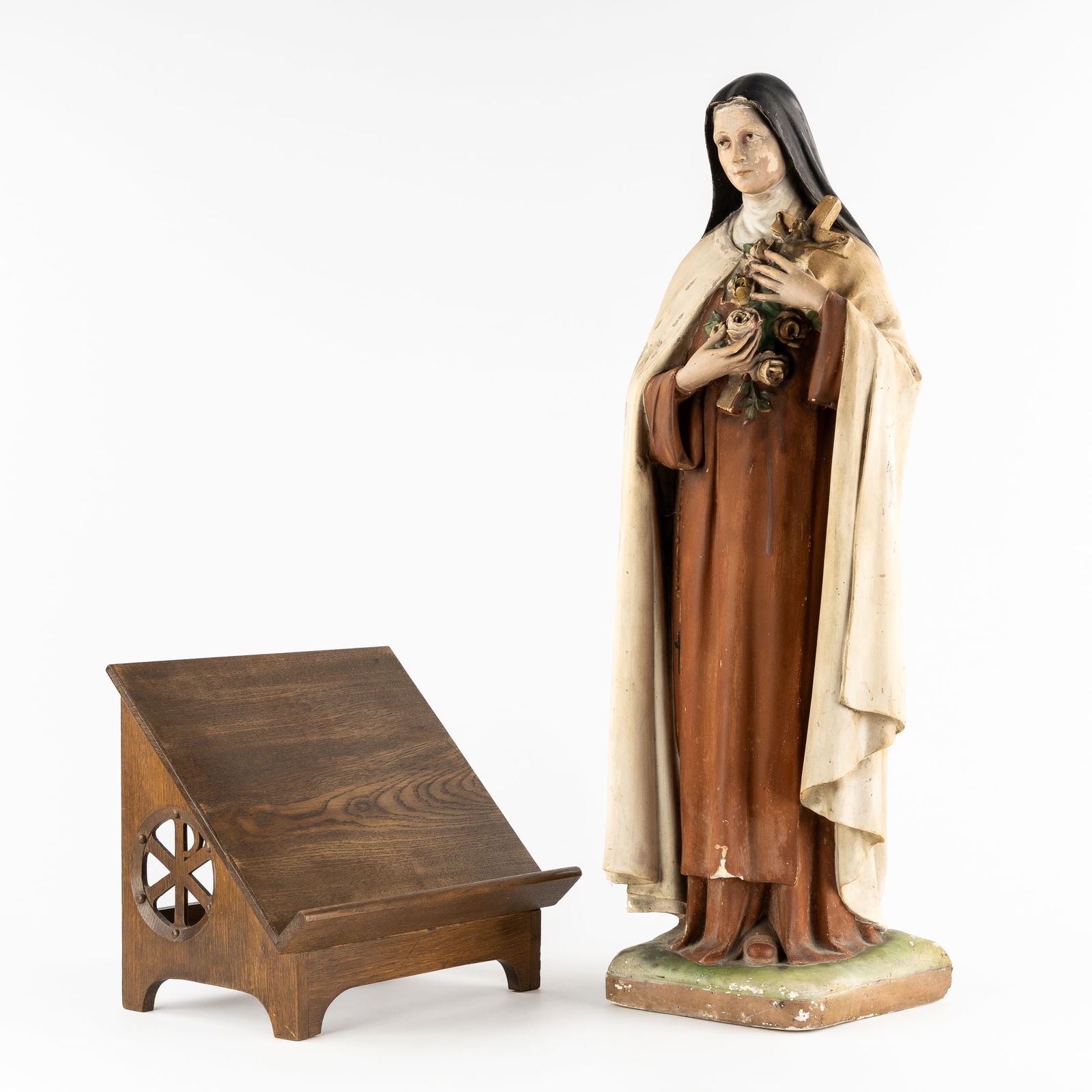 Saint Therese of Lisieux, A Patinated Plaster Statue. Added a Wood-sculptured Bookstand. (1 of 14)
