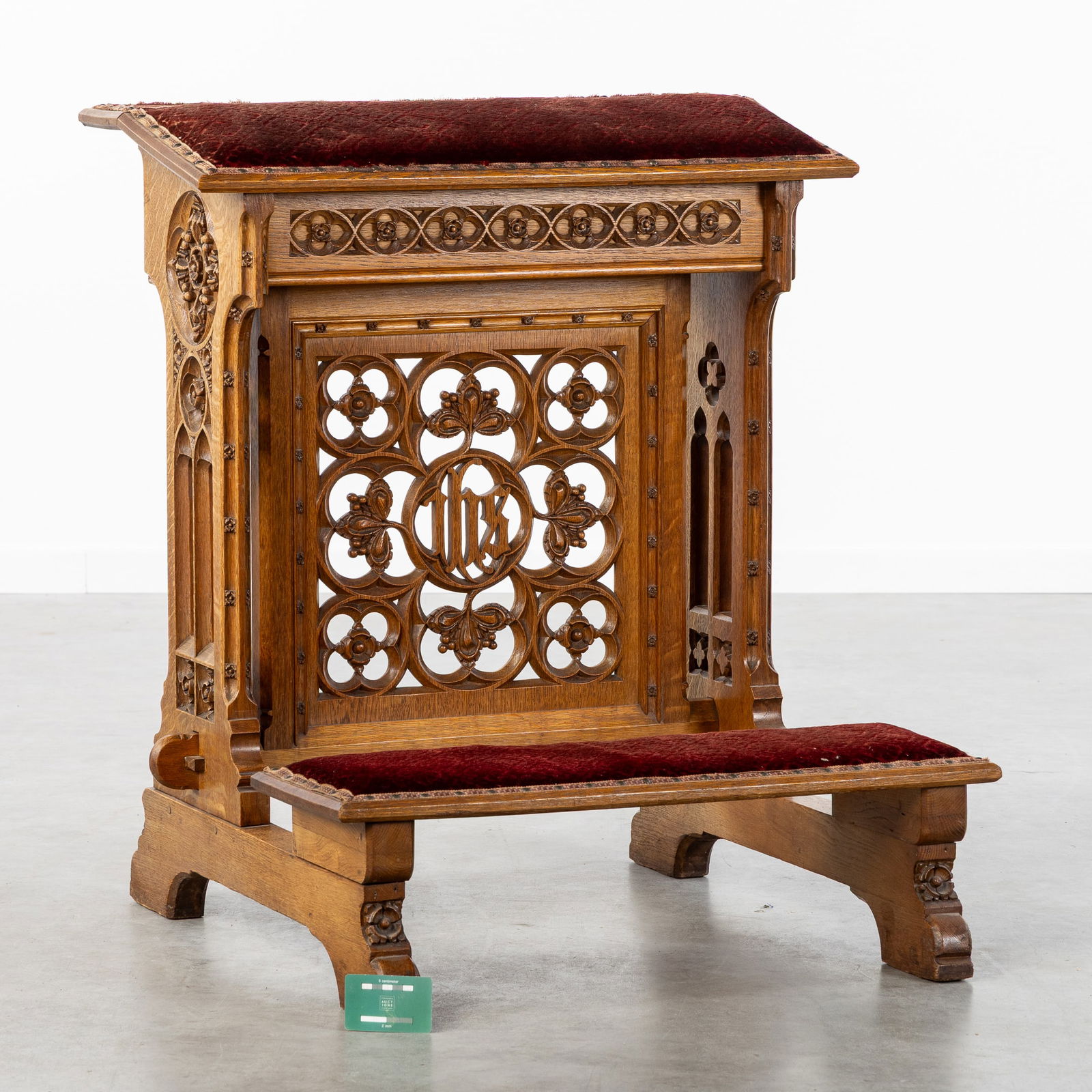 A Gothic Revival Prayer Bench, Openwork Carvings and Upholstered in Red Velvet. (1 of 7)