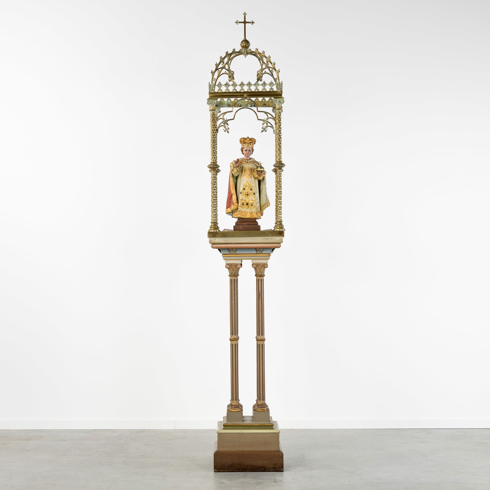 A Large Gothic Revival Shrine with Jesus of Prague, Polychrome Patinated Wood and Plaster, and (1 of 8)