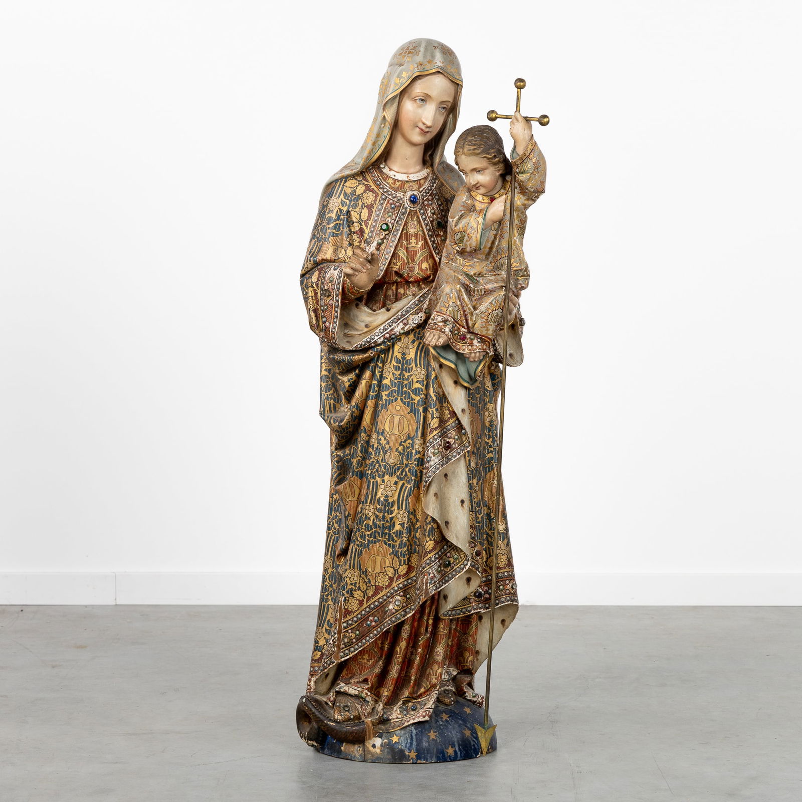 An antique wood-sculptured figurine of Madonna with a Child, Polychromy, Gothic-Revival. 19th C. (1 of 10)