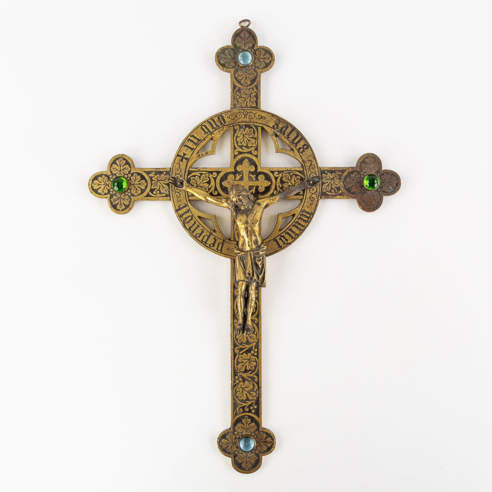 A crucifix with Corpus Christi, bronze finished with cabochons. Gothic Revival. (1 of 4)
