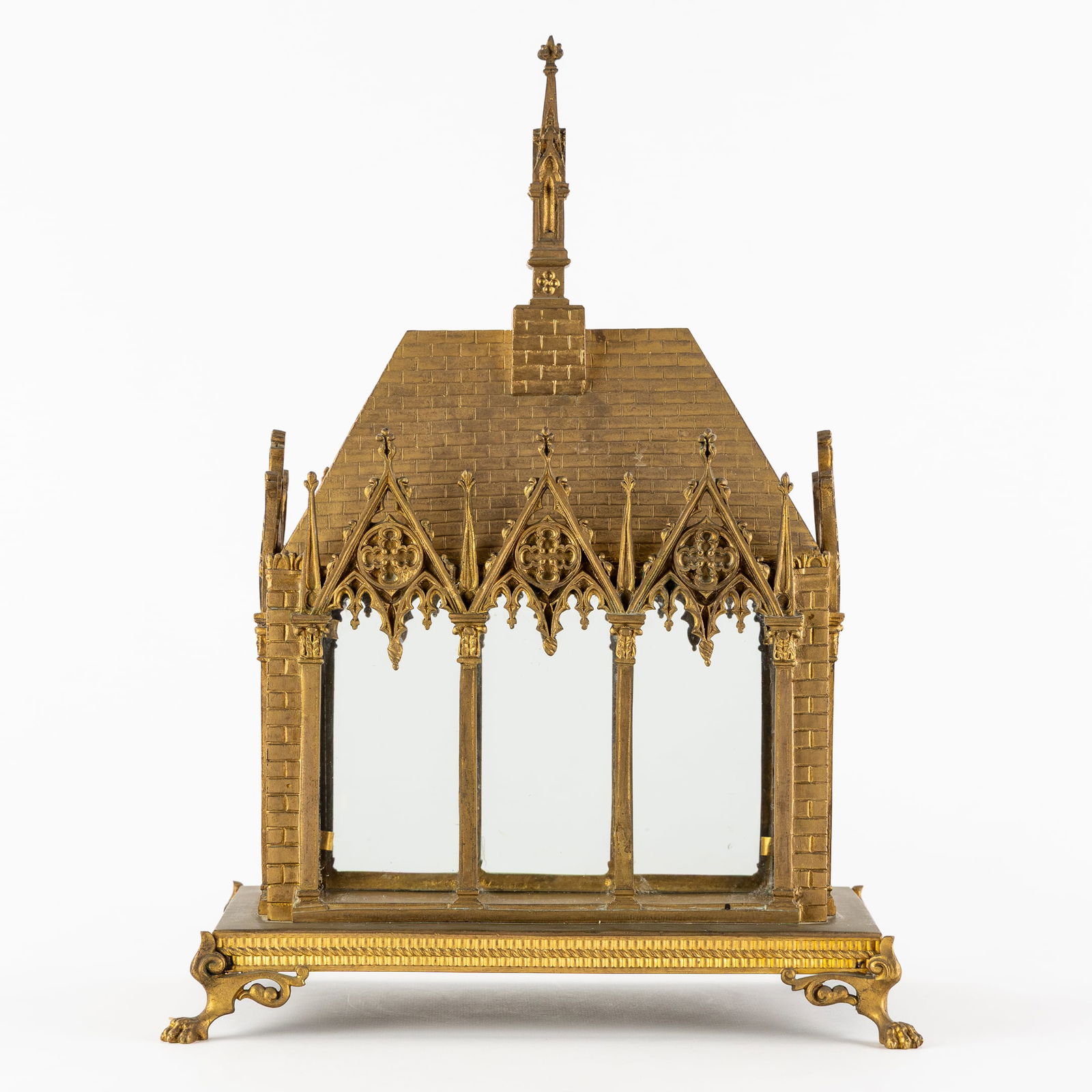 A Reliquary Shrine, shaped like a Gothic Chapel, Gothic Revival style, Gilded Bronze and Glass. (1 of 9)