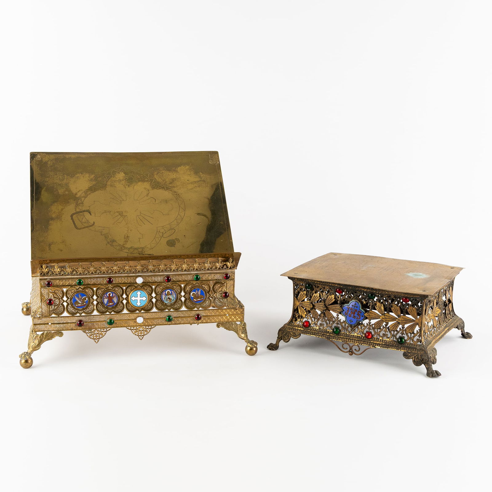 Lectern and Tabor, Brass, Gothic Revival, finished with Enamel and Cabochons. (1 of 8)